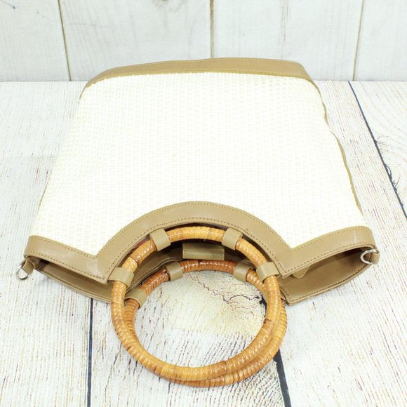 Fossil White Basket Weave Wood Round Handle Leather Trim Satchel Tote Bag Purse - Picture 6 of 10